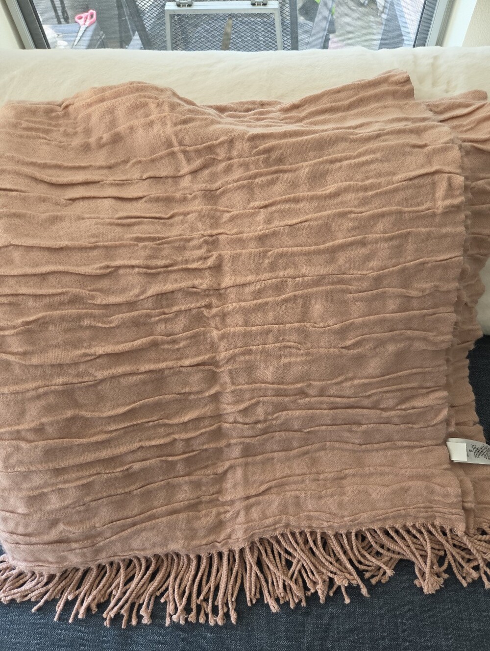 West Elm Crinkle Throw Lightweight Blanket with Fringe Alabaster Pink/Dusty Pink
